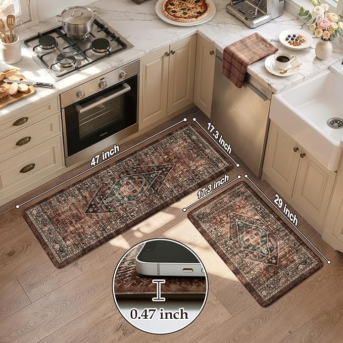 KIMODE Kitchen Mats for Floor Cushioned Anti Fatigue, Floral Kitchen Rugs Sets of 2, Brick Rugs for Kitchen Floor, Comfort Kitchen Floor Mats, Ergonomic Standing Desk Mat for Sink Laundry Room Decor