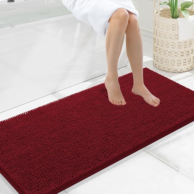Smiry Luxury Chenille Bathroom Rugs 40x24, Extra Soft and Absorbent Shaggy Bath Mat, Machine Washable, Non-Slip Plush Carpet Runner for Tub, Shower, and Floor, Home Decor Accessories, Red