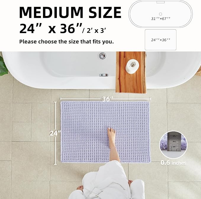 TYUU Waffle Bath Mat, Boho Bathroom Rugs Non Slip Washable Super Absorbent Quick Dry Cute Bath Mat Farmhouse Bathroom Decor, 36''x24'' Lavender Cream