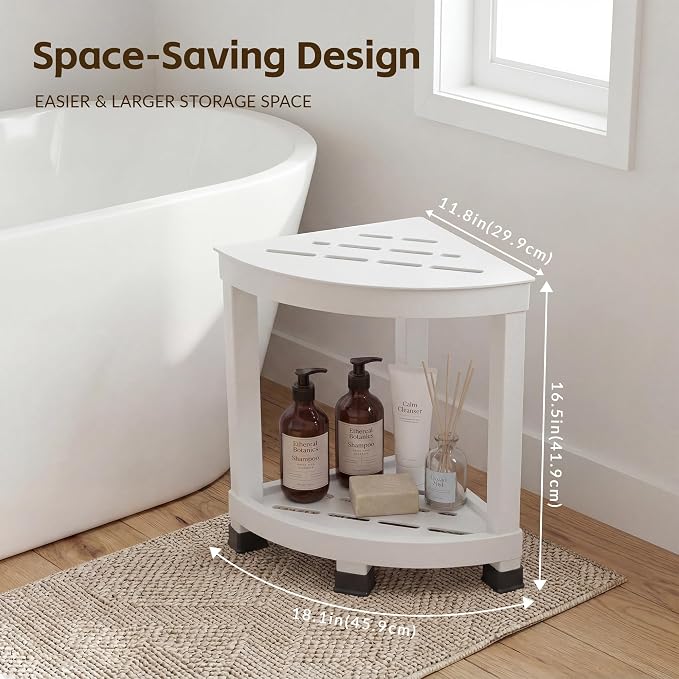 Corner Shower Shelf with 2-Tier Storage, Waterproof Bathroom Organizer, Shower Stool for Inside Shower, Small Corner Shelf with Non-Slip Feet for Bathroom, Bathtub and Living Room,White