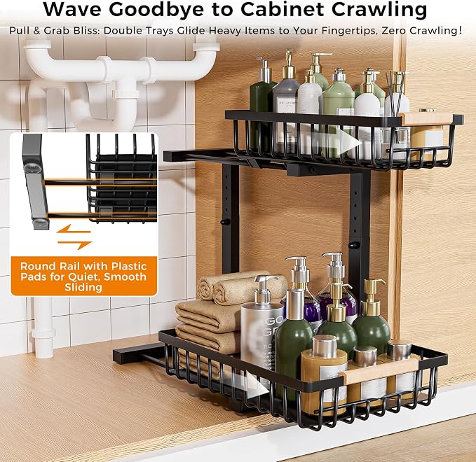 Under Sink Organizer,2 Pack Under Kitchen Sink Organizer,2 Tier Sliding-Out,5 Level Height Adjustable,Thickened Carbon Steel,Anti-Rust Treatment,for Kitchen Bathroom Black