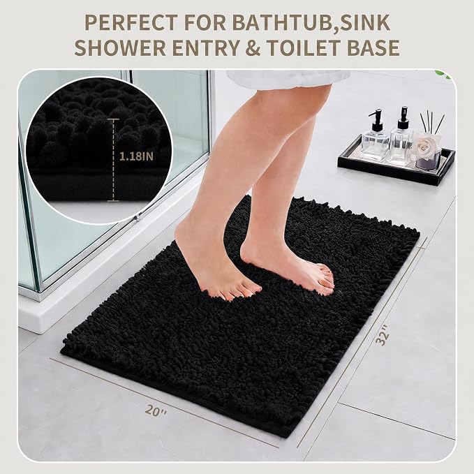 Bathroom Rugs Non Slip Washable 32x20, Extra Thick Soft Chenille Absorbent Bath Mat, High Density Barrier Non Slip Backing, Quick Dry Plush Shaggy Floor Carpet for Tub&Shower, Black