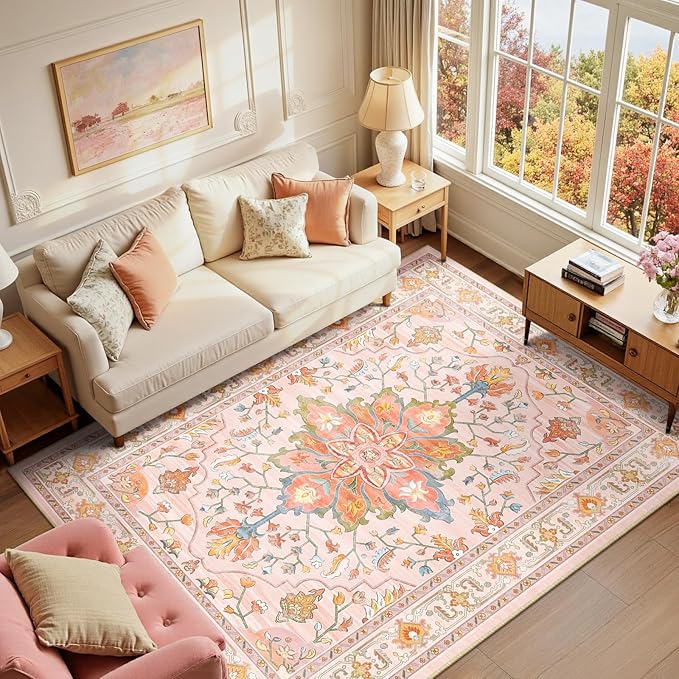 RELEANY Area Rugs 6'x9' Washable Non-Slip, Floral Vintage Distress Medallion Carpet for Living Room Bedroom Dining Room, Light Pink Colorful