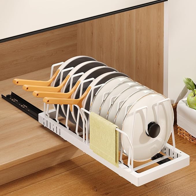 Mustorn Pots and Pans Organizer Under Cabinet, 21.6" Deep Pull Out Pot Lid Organizer Holder with Guardrail Adhesive Pot and Pan Holder Rack with 10 Adjustable Dividers-1 Pack(White)