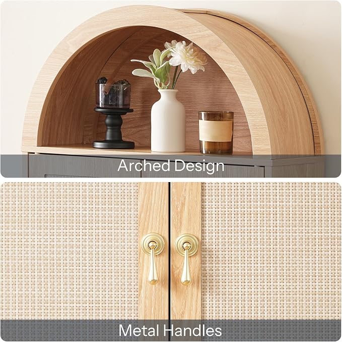 HOOBRO Arched Rattan Over the Toilet Storage Cabinet, 68.1'' Bathroom Organizer with Doors, Bathroom Storage Cabinet with Adjustable Shelf, Wooden Space Saver for Small Bathroom, Natural NL25TS01