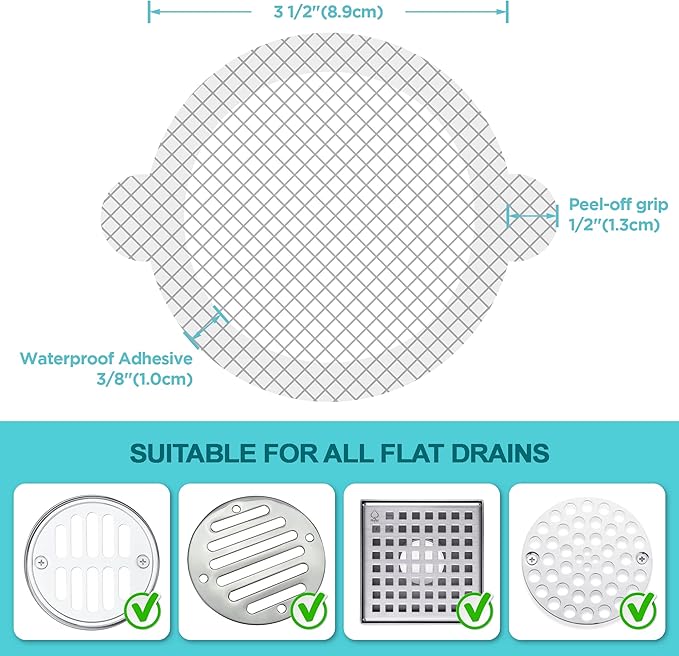 50 Pack Disposable Shower Drain Hair Catcher Mesh Stickers - Peel & Stick Drain Strainers to Prevent Clogs, Strong Waterproof Adhesive, Mess-Free Disposable Drain Covers for Shower & Bathtub