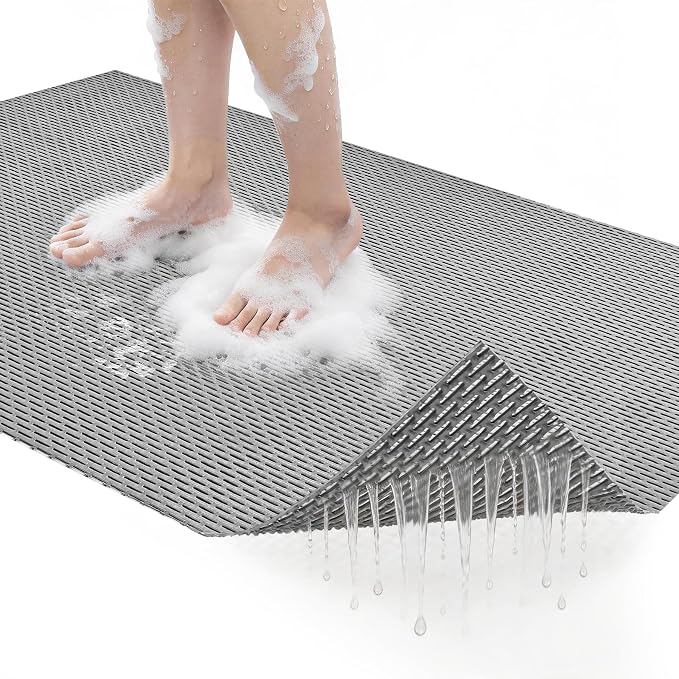 Extra Large Non-Slip Shower Mat, 58.26" x 31.49" Bathroom Shower Mat, Fast-Dry Drainage Hole PVC Bath Tub Mat, Anti Slip Bathroom Safety Accessory for Elderly/Kids, Gray