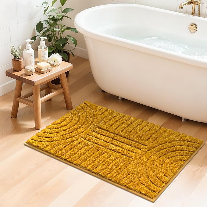 SHACOS Boho Bathroom Rugs 24"x36" Extra Soft Absorbent Microfiber Bath Mats Home Decor Non Slip Carpet Machine Washable Shaggy Bath Rugs for Bath Room Shower Bathtub, Honey Mustard 2' x 3'