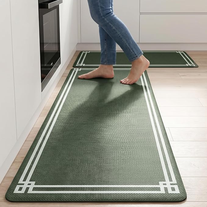 Dark Green Retro Elegance Frame Textured Kitchen Rug Sets [2 PCs], Anti-Fatigue, Waterproof Non-Slip Kitchen Mats Heavy Duty Comfort Foam Rug for Kitchen, Floor, Laundry,17"x29"+17"x47"