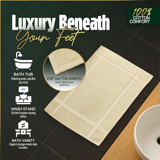 Pearl Linens Pack of 2 100% Cotton Bath Mat 20x30 inches, Soft & Absorbent Quick Dry Bathroom Mat Set, Not Bathroom Rugs, After Shower Mat, Bath Tub Mat, 687 GSM, Machine Washable, Beige