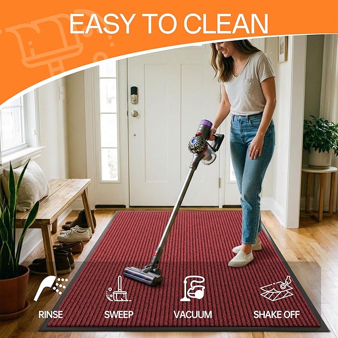 Indoor Outdoor Door Mat, 5' x 4' Doormat for Entryway, Rubber Backing Non Slip Front Door Mat Outside Entrance, Super Absorbent Commercial Floor Mat for Home Office, Red