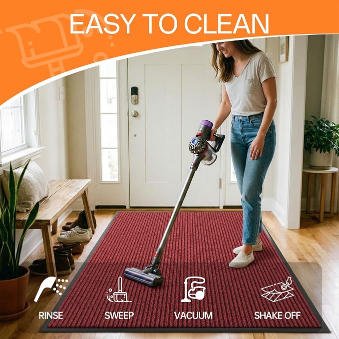 Indoor Outdoor Door Mat, 6' x 2' Doormat for Entryway, Rubber Backing Non Slip Front Door Mat Outside Entrance, Super Absorbent Commercial Floor Mat for Home Office, Red