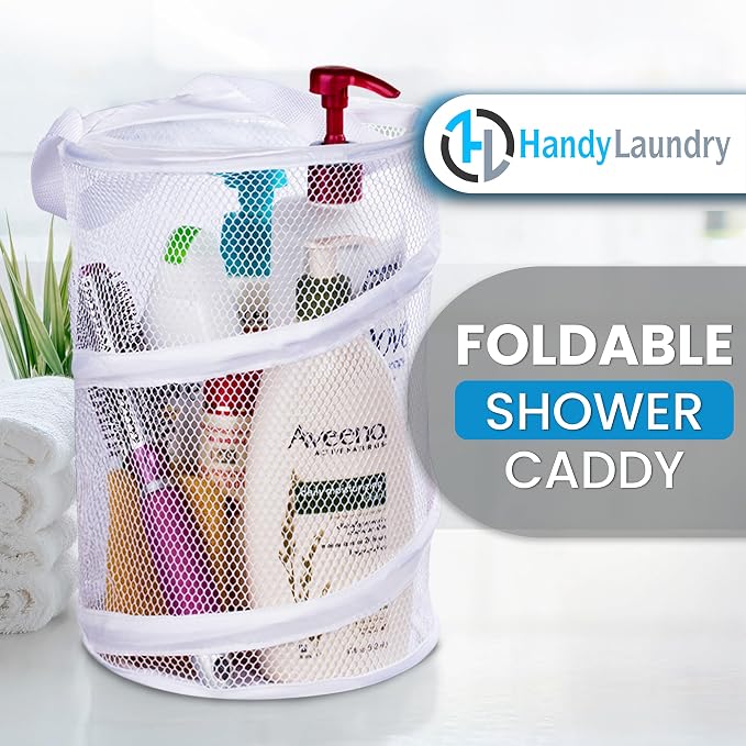 Handy Laundry Portable Shower Caddy – Foldable Mesh Organizer with Handle, Quick Dry, Large Compartments, Drainage Hole, Ideal for Dorm, College, Gym, Travel, Camp – White