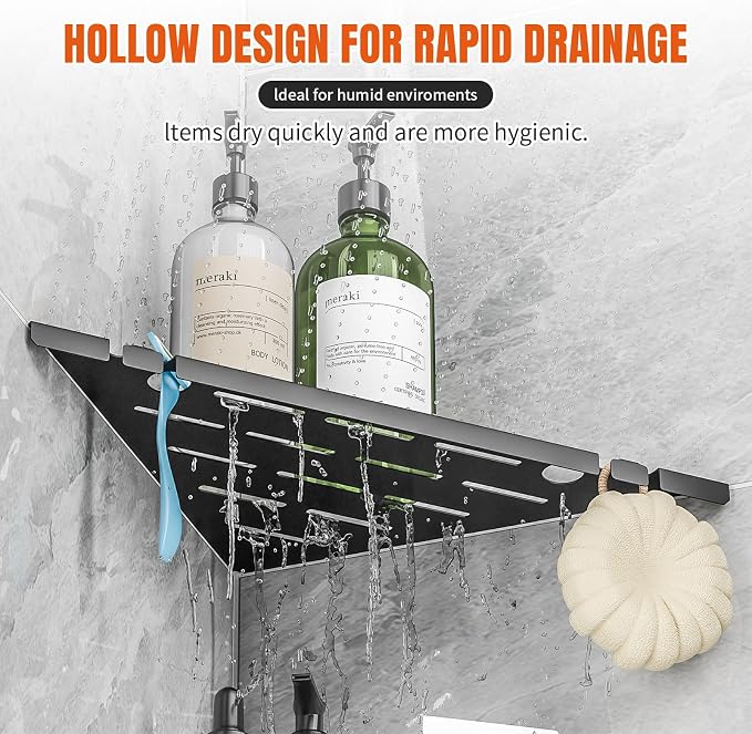 Permanent Grout-in Corner Shower Shelves with Hooks, Modern 304 Stainless Steel Shower Caddy for Bathroom Renovation & Hotel, Heavy Duty No-Drill Grout Mount Shower Organizer for Tile Wall,10", 2 Pack