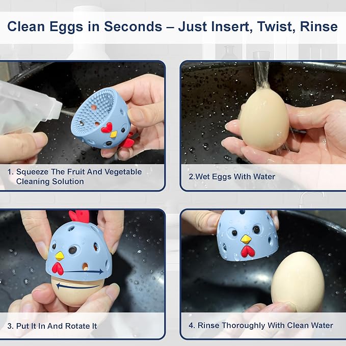 Egg Washer for Fresh Eggs, Egg Scrubber for Fresh Eggs, Reusable Silicone Chicken Shaped Scrubs, Chicken Egg Cleaner, Eggshell Cleaner for Poultry Farm, Housewife Kitchen Helper Tool (Blue Chick Cap)