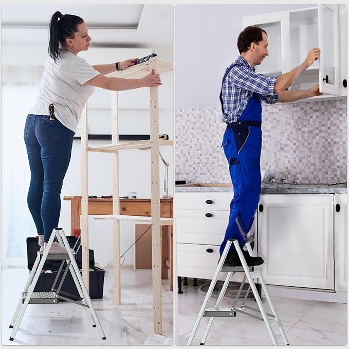 DIAMONDFORGE 2 Step Ladder, Lightweight Folding Step with Wide Anti-Slip Pedal & Feet, 330 lbs Capacity,Sturdy Steel Step Ladder for Home,Office and Library,Gray Black