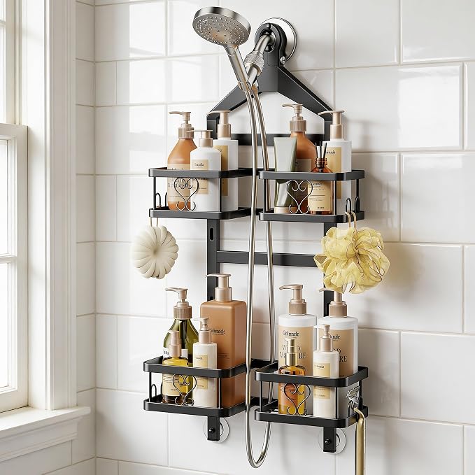Orimade Adjustable Hanging Shower Caddy for Handheld Shower Heads, Rustproof Bathroom Shelf Organizer Over Showerhead Storage Rack with 8 Hooks, Easy-Clean Removable Baskets & Triple Anti-Slip Fixing