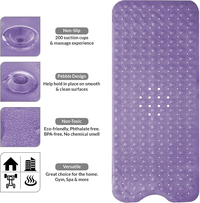 LDC Bath Mat for Tub, Inside Shower Bathtub Mat with Drain Holes and Suction Cups, Anti Slip Bath Mat Inside Tub Extra Long, 40x16 - Purple