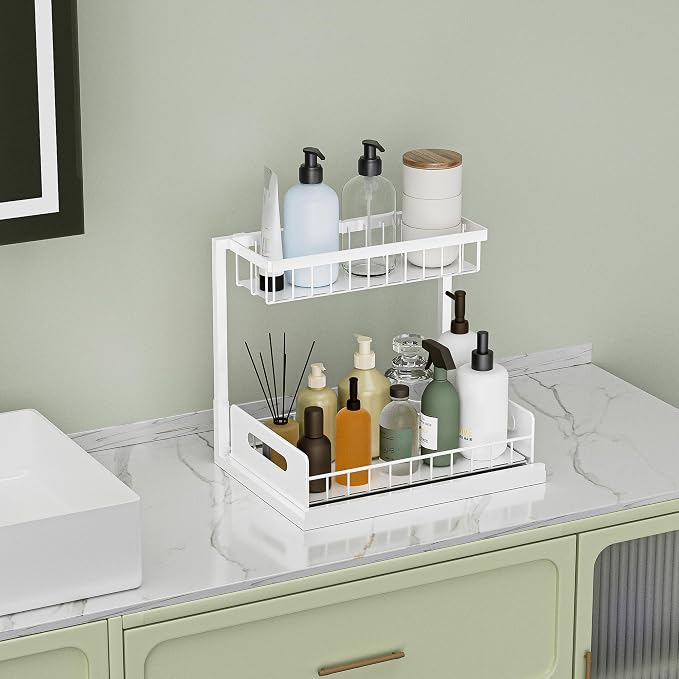 Under Kitchen Sink Organizer 2 Tier, Pull Out Bathroom Sink Organizers and Storage, Cabinet Kitchen Bathroom Storage Organization Shelf, 2 Pack White