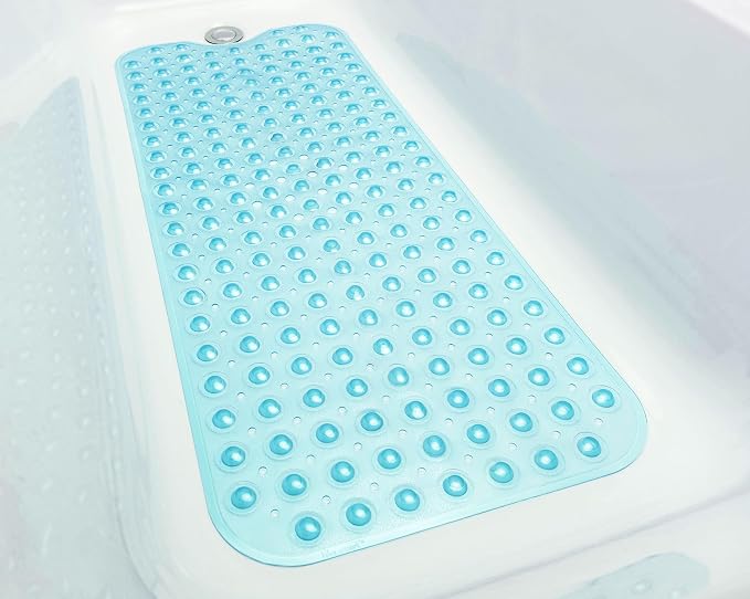 Extra-Long Non-Slip Bathtub & Shower Mat 39”x16” (Smooth/Non-Textured Tubs Only) Safe, Clean, Machine-Washable, Superior Grip&Drainage, Vinyl, Transparent Aqua/Blue-Green