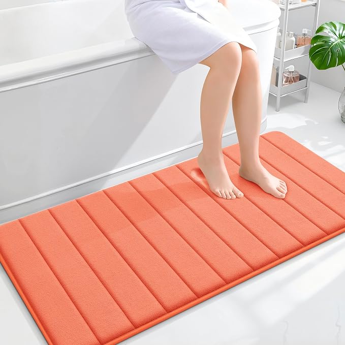 OLANLY Memory Foam Long Bathroom Rugs Runner 47x24, Super Soft Absorbent Bath Mat, Quick Dry, Machine Washable Shower Floor Rugs, Bathmat Carpet, Bathroom Home Decor Accessories, Coral