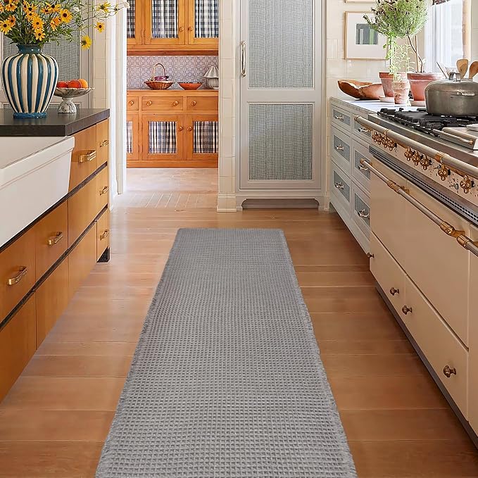 ZALL Grey Waffle Bath Mat,Super Absorbent Non Slip Long Bathroom Runner Rug,Gray 24X60inch,Machine Washable Ultra Soft Floor Mats