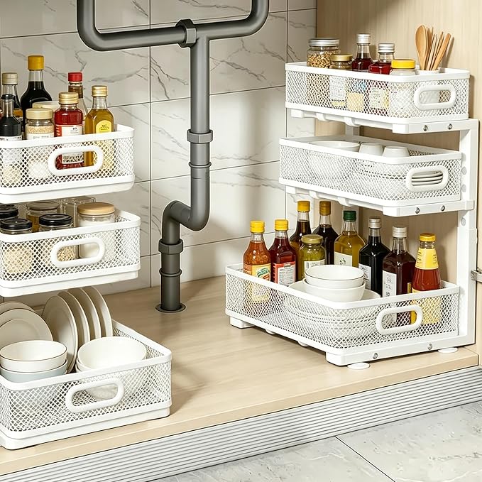 2 Pack 3 Tier Under Sink Organizer, Height Adjustable Heavy Duty Metal Under Cabinet Drawer Pull Out Shelf with Smooth Silent Sliding Design, Organizer and Storage Rack for Kitchen, Bathroom, White