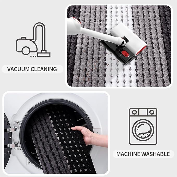 Kitinjoy Indoor Outdoor Door Mat, 47x17 Non-Slip Absorbent Dirt Trapper, Low-Profile Washable Inside Entrance Front Floor Mat, Sturdy Soft Entry Dotted Ombre Doormats for Entryway, Black