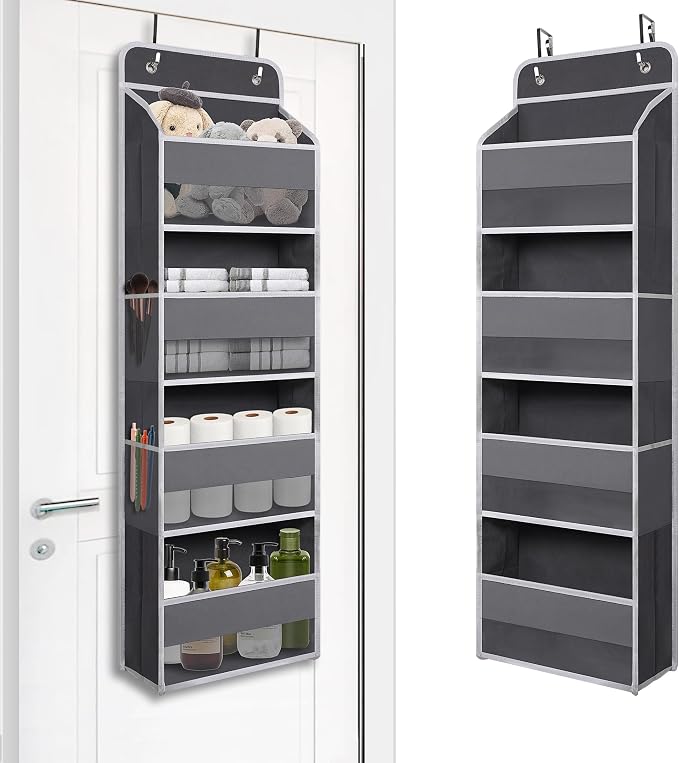 TYMENSH Gray Over Door Organizer with 4 Large Clear Pockets, Neutral Hanging Door Storage for Closet, Bathroom, Bedroom, Dorm, Nursery, Toys, Toiletries, Baby Essentials