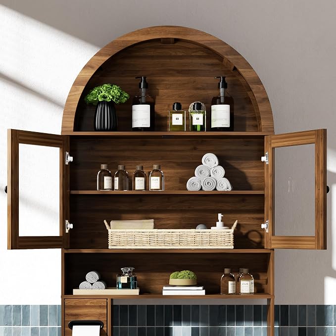 Arched Over The Toilet Storage Cabinet with Glass Doors, Above Toilet Bathroom Organizer, 4 Tier Bathroom Cabinet Shelves with Toilet Paper Holder, Mid Century Modern Storage Rack, Tall, Wide, Walnut
