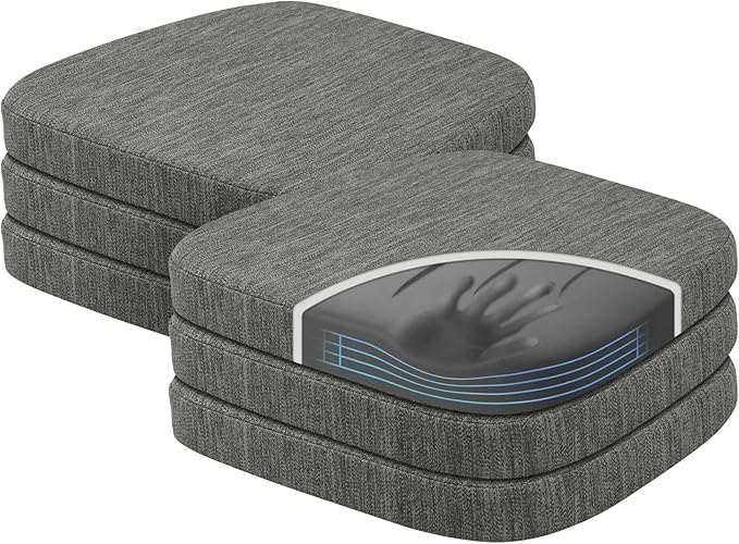 baibu Kitchen Chair Cushions Set of 6, Dual-Layer Patented Design Memory Foam Dining Chair Pads with Ties and Washable Cover, 6 Pack, 17" x 16" x 2", Grey