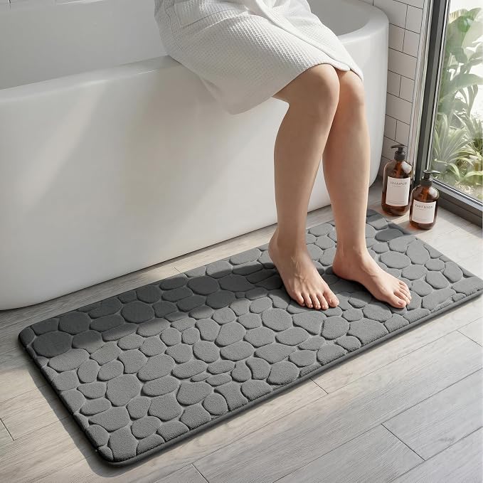 YIHOUSE Memory Foam Runner Rug, Cobblestone Bathroom Runner Rugs Super Water Absorbent Bath Mats for Bathroom Machine Washable Bath Rugs for Hallway Bedroom Laundry Room(20 x 47,Dark Gray)
