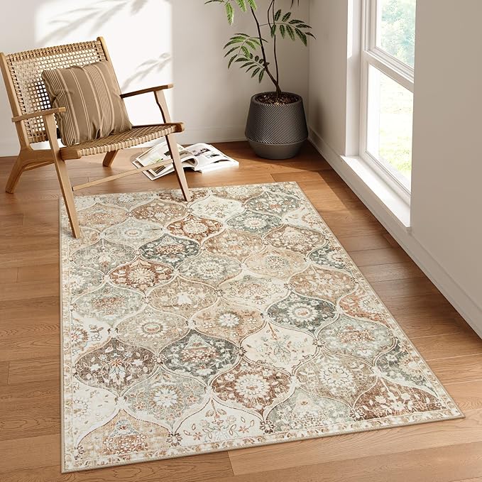 Lahome Moroccan Trellis Washable Small Area Rug, 3x5 Black Rug for Bedroom Living Room, Non-Slip Oriental Accent Throw Carpet for Kitchen Office Entryway Bathroom Office Elise, Khaki