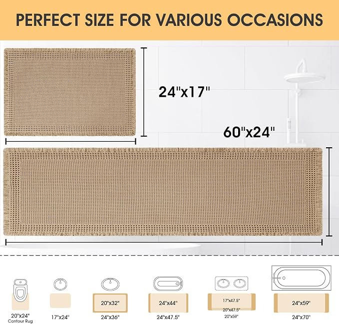Upgrade Waffle Bath Mat Set 2 Piece, Boho Bathroom Rugs Absorbent Non Slip, Ultra Soft Bathroom Mat, Machine Washable Knit Bath Rugs with Border for Bathroom, Bedroom, Kitchen, Shower, Tub, Beige