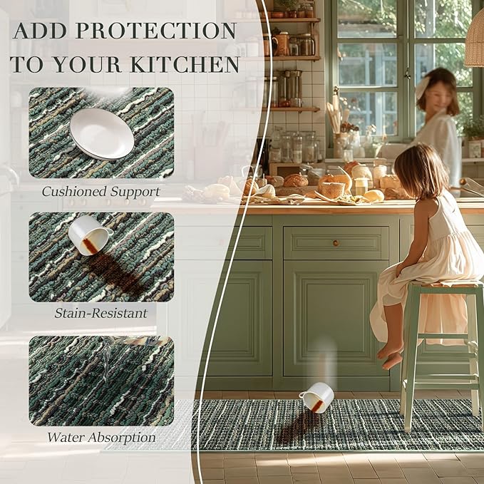 Kitchen Rugs Sets of 2-Non Slip Kitchen Mats for Floor-Thick Stain Resistant Vintage Kitchen Floor Mat Runner Carpet for Hallways Entryway Laundry Room Washable（Green 22"x59"+20"x32"）