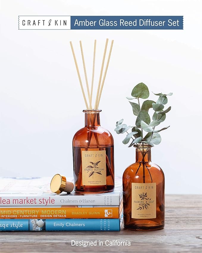 Craft & Kin Lily & Jasmine Reed Diffuser – 5.75 oz Essential Oil Diffuser for Home & Bathroom – Up to 120-Day Fragrance with 8 Rattan Scent Sticks – Amber Glass Room Decor