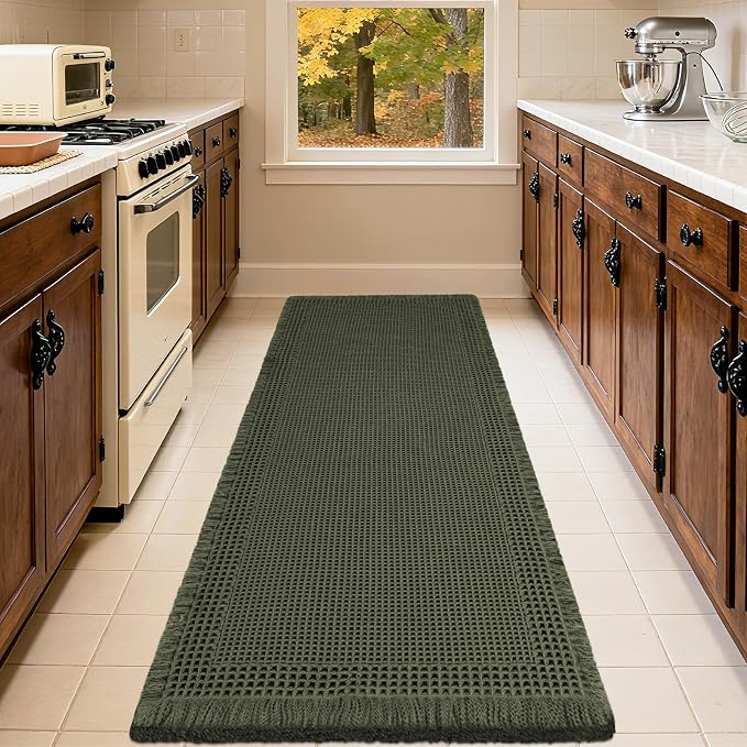 Extra Large Waffle Bath Mat, Boho Woven Modern Bath Rug Absorbent Non Slip, Ultra Soft Bathroom Mats, Machine Washable Knit Bath Rugs with Border for Bathroom, Bedroom, Kitchen, Tub, 5'x2', Dark Green