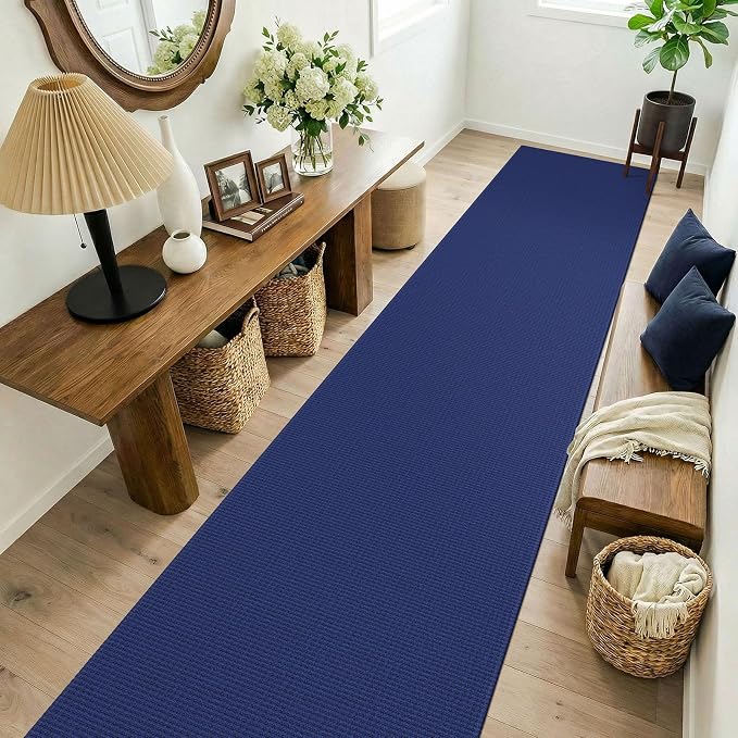 KOZYFLY Cotton 2.5'x14' Runners Rugs for Hallway, Long Washable Runner Rug, Woven Non Slip Kitchen Runner, Flatweave Entryway Rug, Floor Carpet for Entry, Aisle, Hall, Royal Blue/Navy
