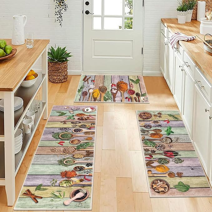 Vaukki Boho Kitchen Rug Sets 3 Pieces, Washable Kitchen Mats for Floor, Non Slip Soft Kitchen Area Rug Floor Mat for Kitchen, Laundry Room and Hallway (Spice-Colorful, 20''x32''+20''x47''+20''x59'')