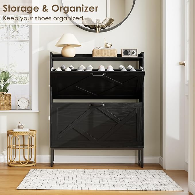 Nicetree Shoe Storage Cabinet with 2 Flip Drawers, Freestanding Shoe Organizer, Shoe Cabinet with Metal Legs, Narrow Shoe Rack Cabinet, Farmhouse Slim Shoe Cabinet for Entryway, Foyer, Hallway, Black