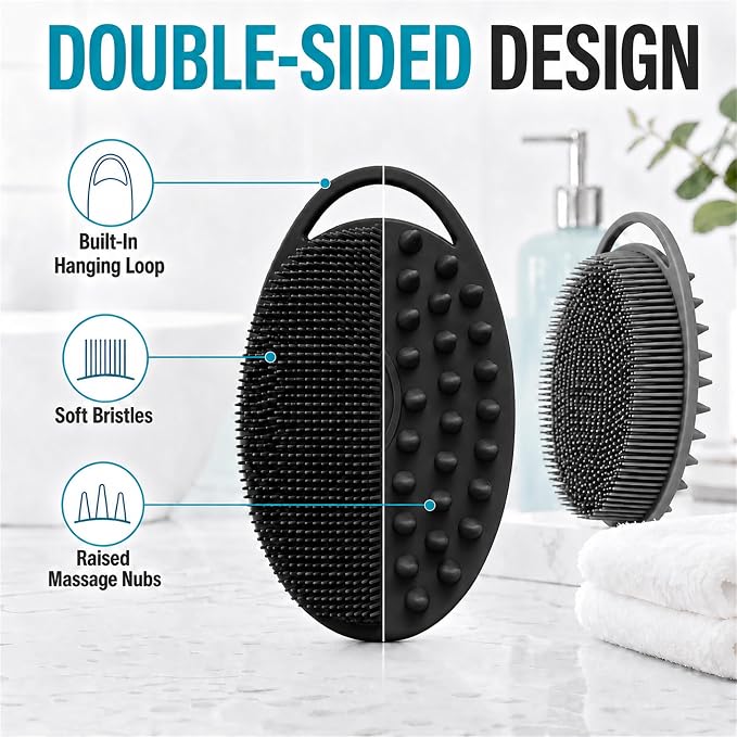 2 Pack Silicone Body Scrubber, Loofah Double-Sided Body Brush,Shower Scrubber and Scalp Massager Shampoo Brush for Sensitive Kids Women Men All Kinds of Skin (Black & Gray)