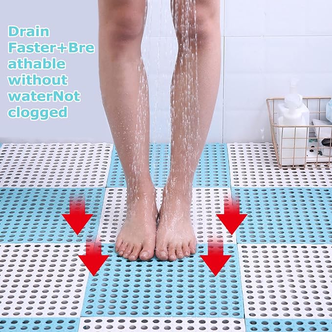 12 Pack 11.8" x 11.8" Interlocking Rubber Floor Tiles Soft PVC Non Slip Splicing Shower Floor Mat Pool Bathtub Drain Tiles for Flooring, Drainage Mats for Pool, Deck, Patio, Basement, Kennel, Poultry