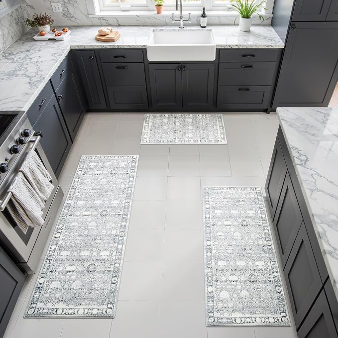 GRANNY SAYS Boho Kitchen Rug Sets of 3, Non Slip Washable Faux Wool Kitchen Mats for Floor, Thick Soft Anti-Fatigue Comfort Standing Mat Runner Rugs for Hallway Laundry Room, Grey