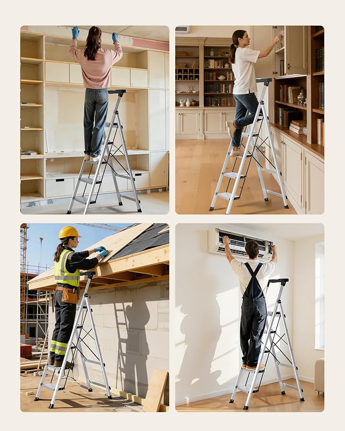 VEVOR 5 Step Ladder, Folding Step Stool with Wide Anti-Slip Pedal and Comfort Handgrip, 330 lbs Capacity Portable Aluminum Stepladder, Multi-Use for Kitchen, Warehouse, Household and Office, Silver