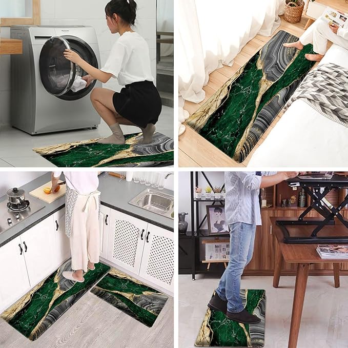 Bulijojo Green Ink Abstract Marble Anti Fatigue Kitchen Floor Mats Set of 2 Waterproof Kitchen Sink Runner Rug Standing Mat Cushioned Kitchen Rugs Comfort Doormat 17"x47"+17" x30“