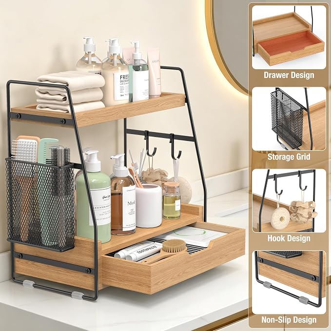 2-Tier Bathroom Counter Organizer with Drawer and Removable Basket, Wood Vanity Countertop Storage for Perfume, Makeup, Skincare, Bathroom Counter Shelf, 13" x 7.9" x 14.5", Light Brown