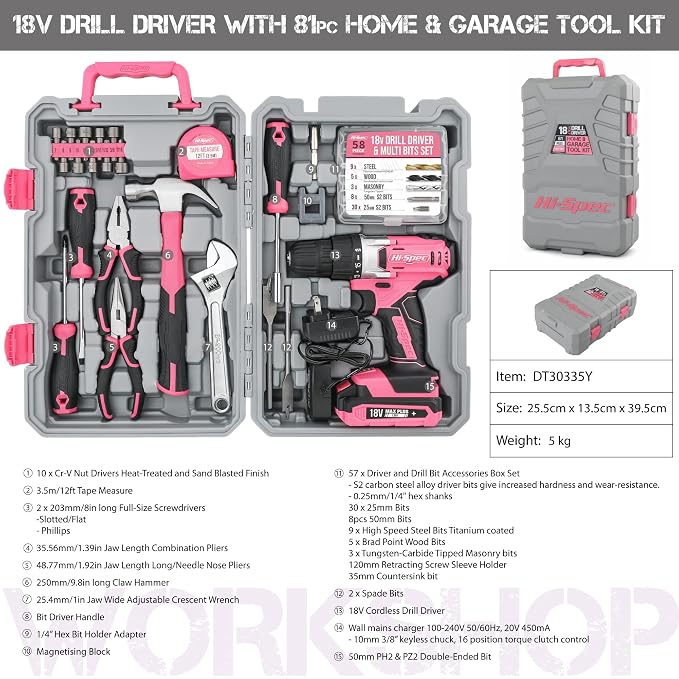 Hi-Spec Cordless Drill Tool Set: Pink Power Drill for Women used for DIY, Building and Fixing Tasks Easy to use All In One Set in Pink Color Stored in a Case 81 Pieces