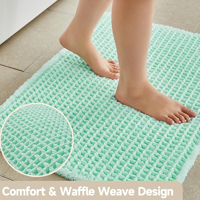 TYUU Waffle Bath Mat, Boho Bathroom Rugs Non Slip Washable Super Absorbent Quick Dry Cute Bath Mat Farmhouse Bathroom Decor, 36"x24" Aqua Blue