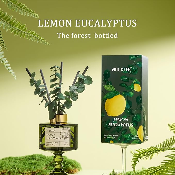 Airkeep Reed Diffuser Set with 6.76 fl oz Lemon Eucalyptus Scent Essential Oils and 3 Leaves & 8 Diffuser Sticks,Bathroom Shelf Decor & Air Freshener, House Bedroom Office Decor & Gifts