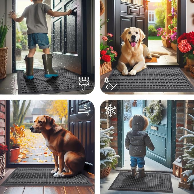 Smiry Front Door Mat Outside Entrance, Heavy Duty Natural Rubber Doormat, Non Slip, Trap Dirt and Moisture, Easy Clean, Low Profile Welcome Floor Mats for Indoor Outdoor Entry, 29.5x17 Inch, Grey